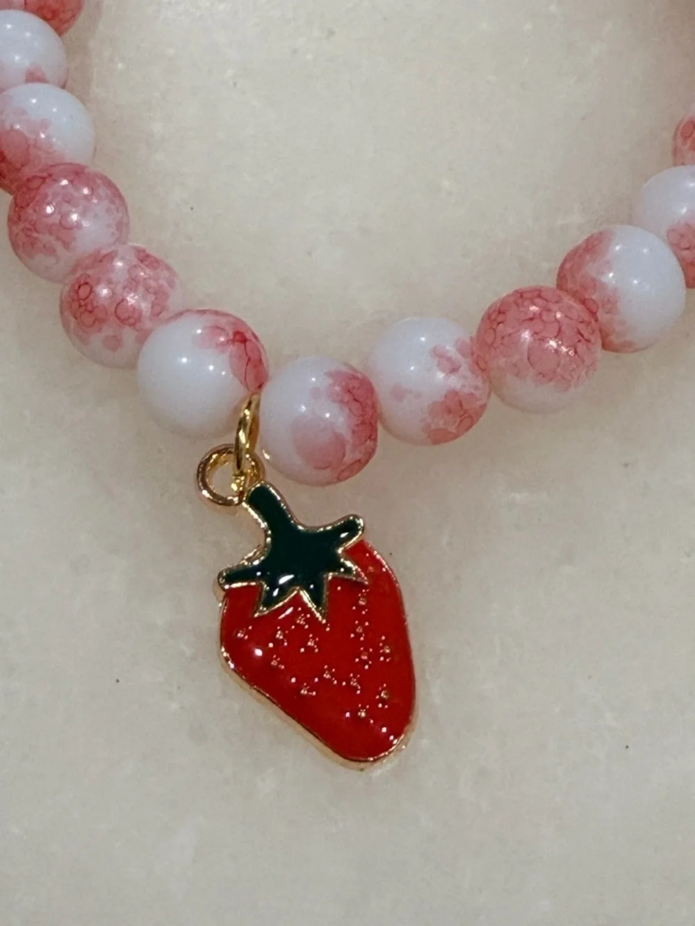 Strawberry Charm Pink Beaded Stretch Bracelet